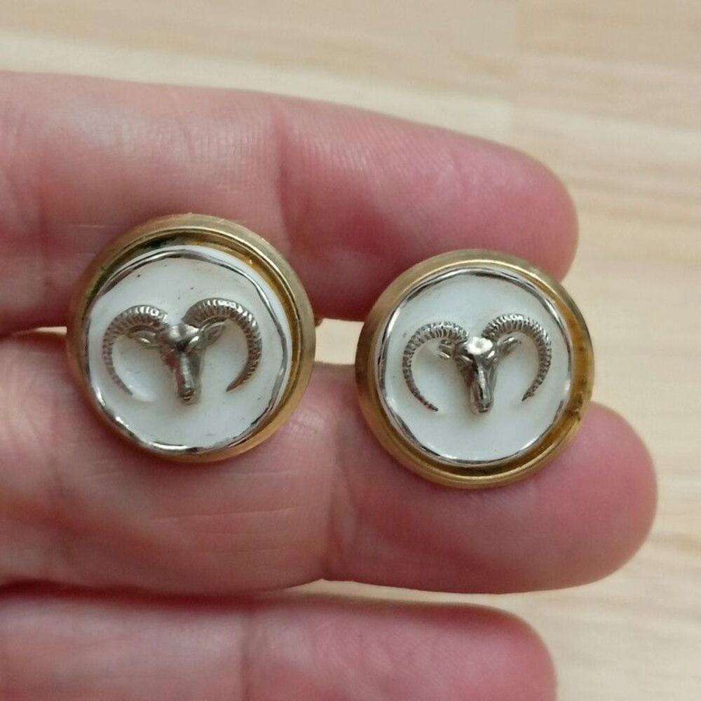 Vintage Gold-Tone Set of 2 Round Aries Ram Head Cufflinks